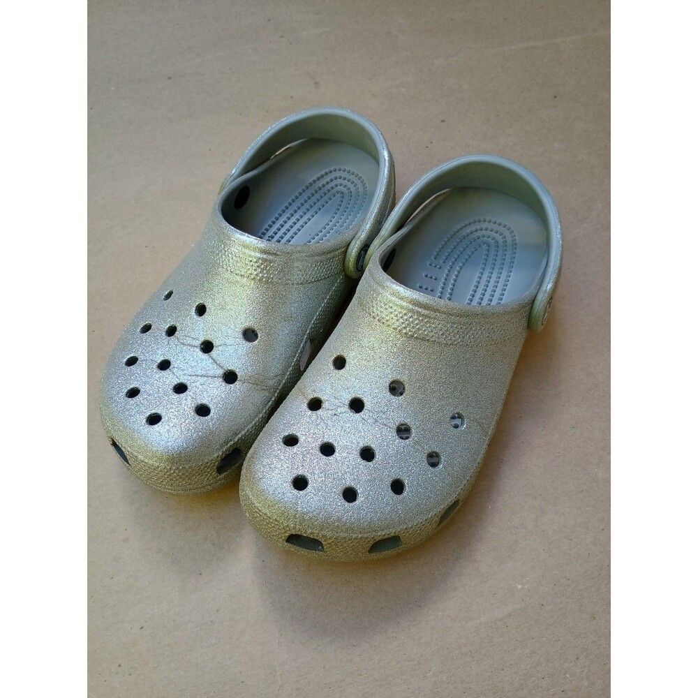 Crocs Classic Glitter Silver Clog Shoes Women's 9 Gray Sparkle Shiny